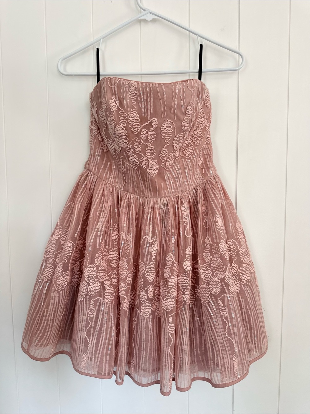 bebe Dusty Rose Strapless Embroidered Fit-and-Flare Dress